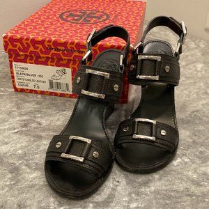 Tory Burch sandals. Size 7.5. Carys Tumbled Leather in black with silver hardwar